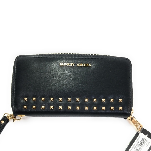 BADGLEY MISCHKA NWT All Over Purse Studded Wristlet Wallet In Black & Gold - Picture 6 of 6